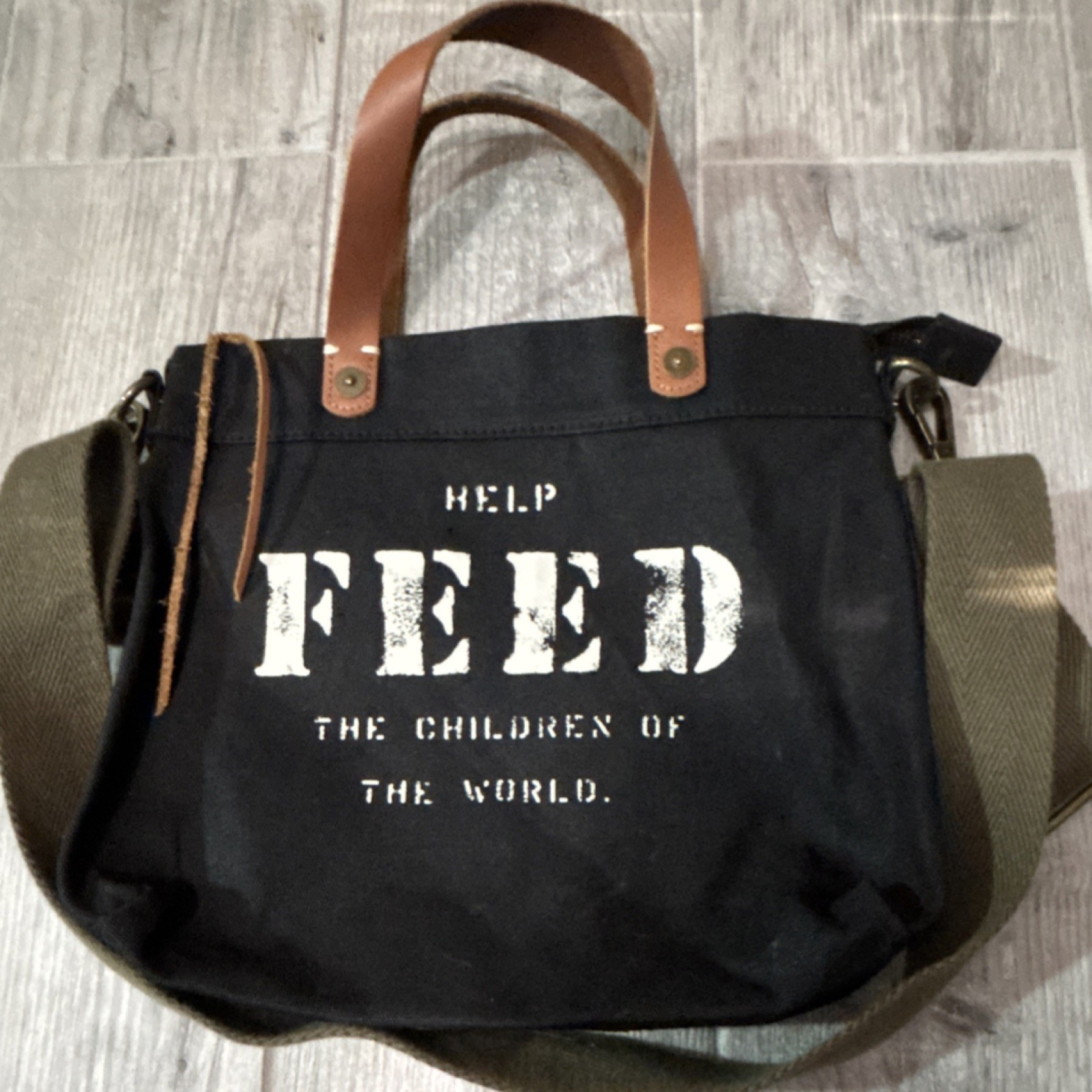 FEED Messenger Bag Black Brown Olive Leather Handles Adjustable Strap