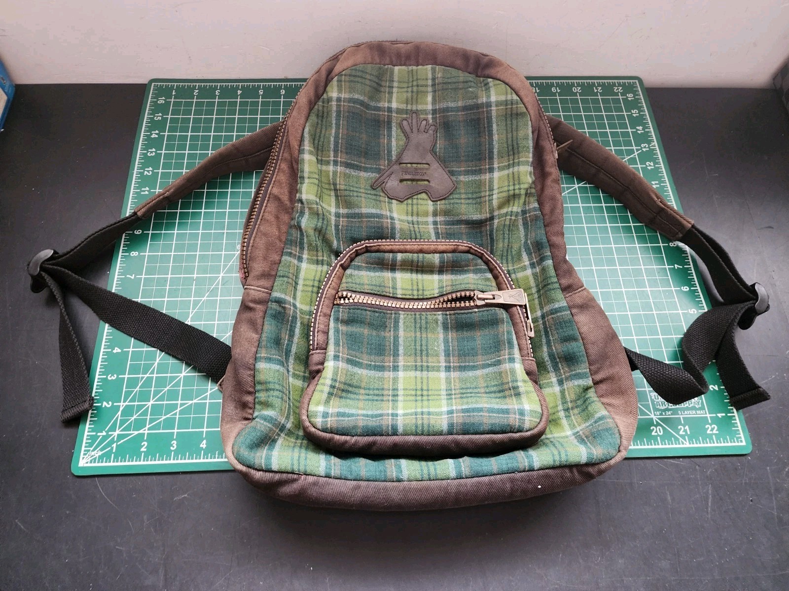 Pendleton Tartan Plaid Wool Backpack w/Leather Handle