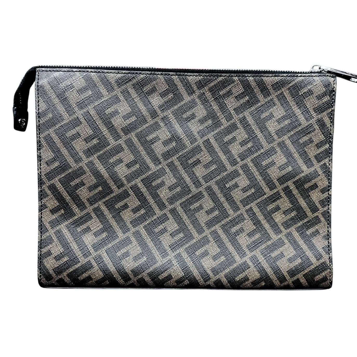 Fendi Diagonal Wrist Clutch Brown FF Zucca Logo Black Trim Luxury $1,250