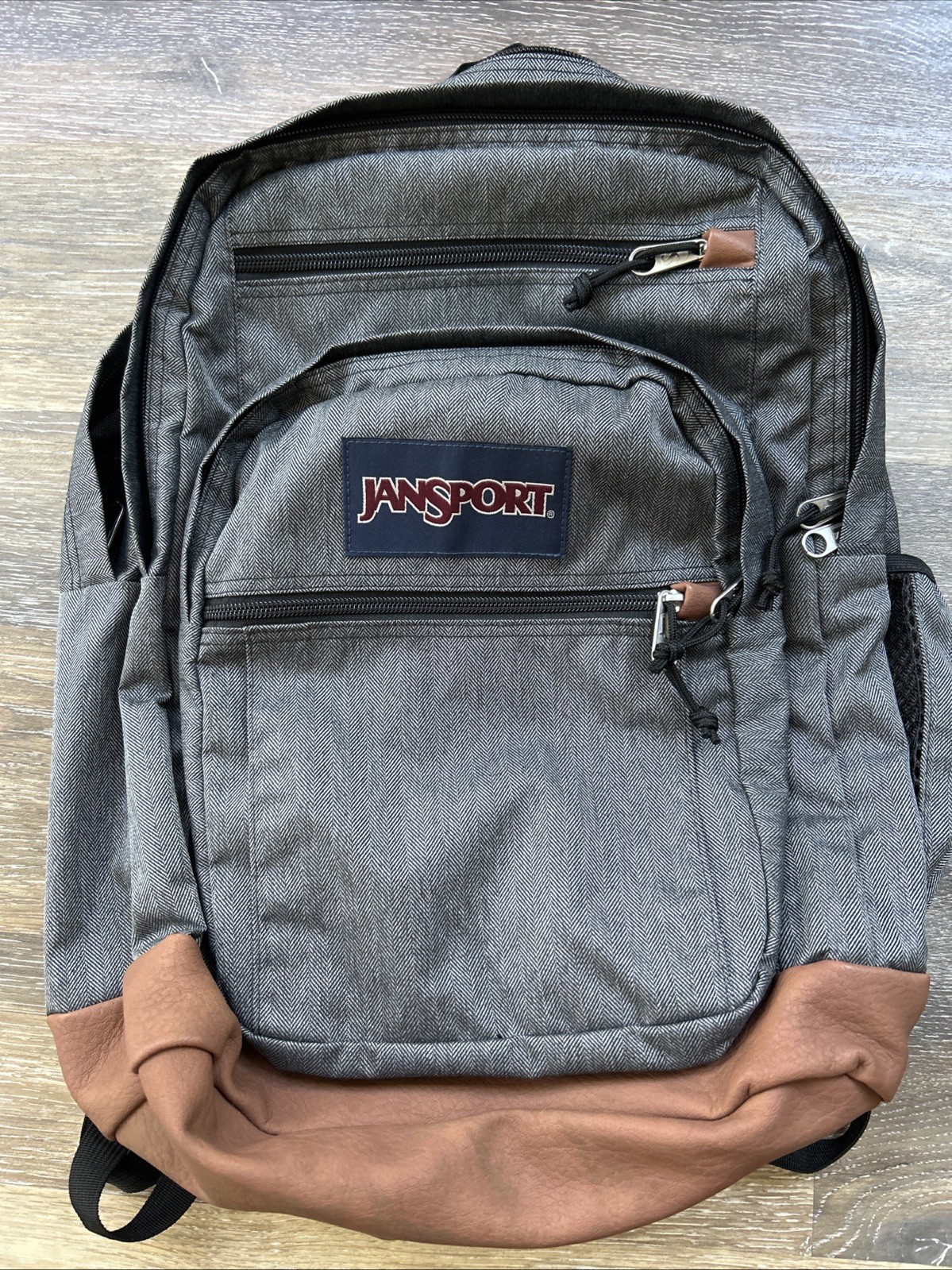 Jansport Cool Student School Backpack 5-Compartment Grey / Brown Faux Leather