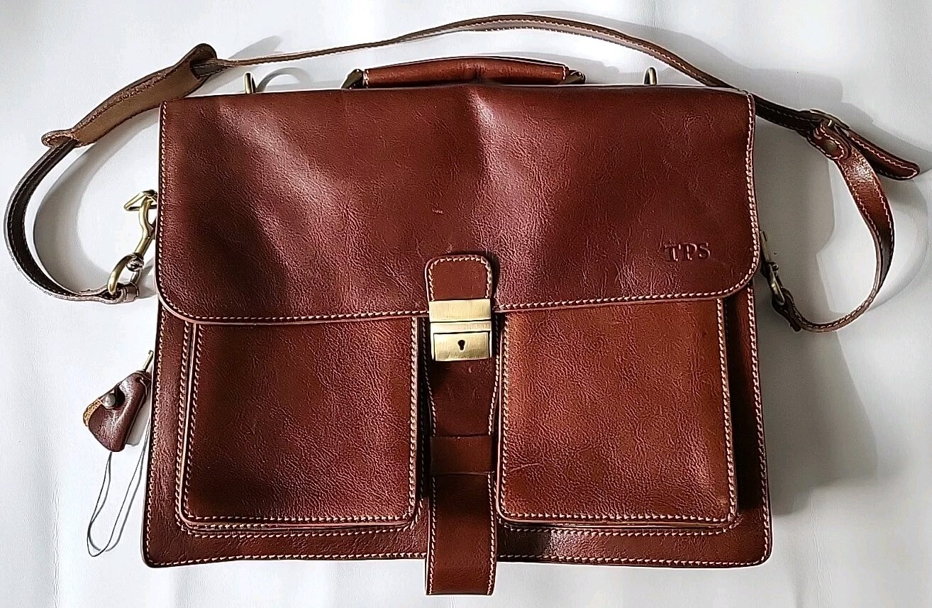 Floto Italian Leather Honey Brown CEO Briefcase Laptop Messenger Bag Unisex