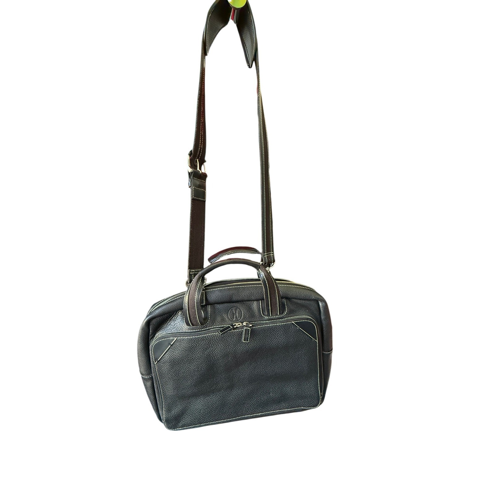 Cole Haan Black Pebbled Leather Briefcase Laptop Messenger Bag Contrast Stitch