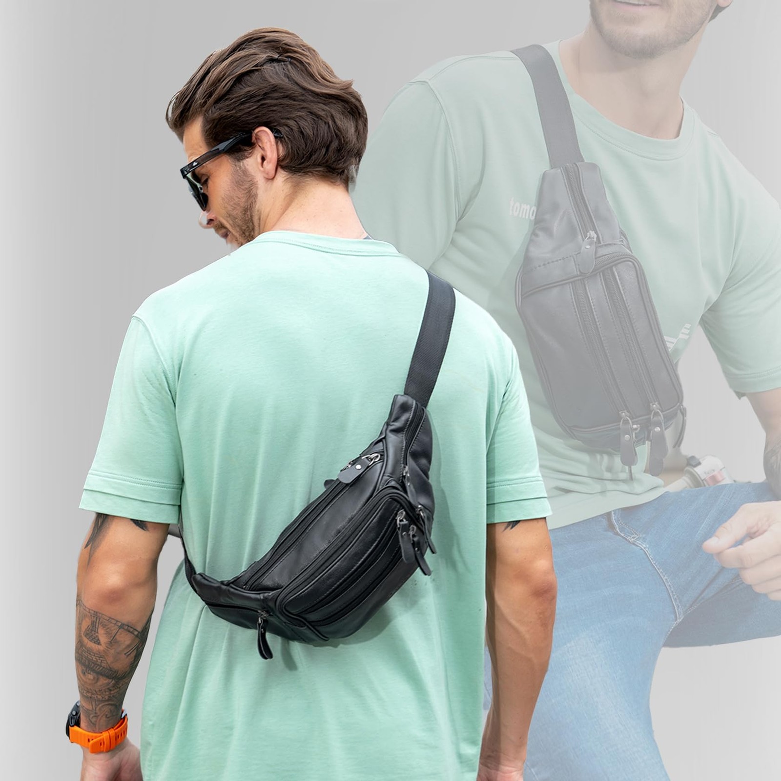 Black Leather Fanny Pack for Men & Women, Free Size, 810#black