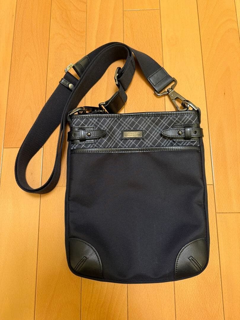 Burberry Black Label Nylon Leather Check Crossbody Shoulder Bag Men Black