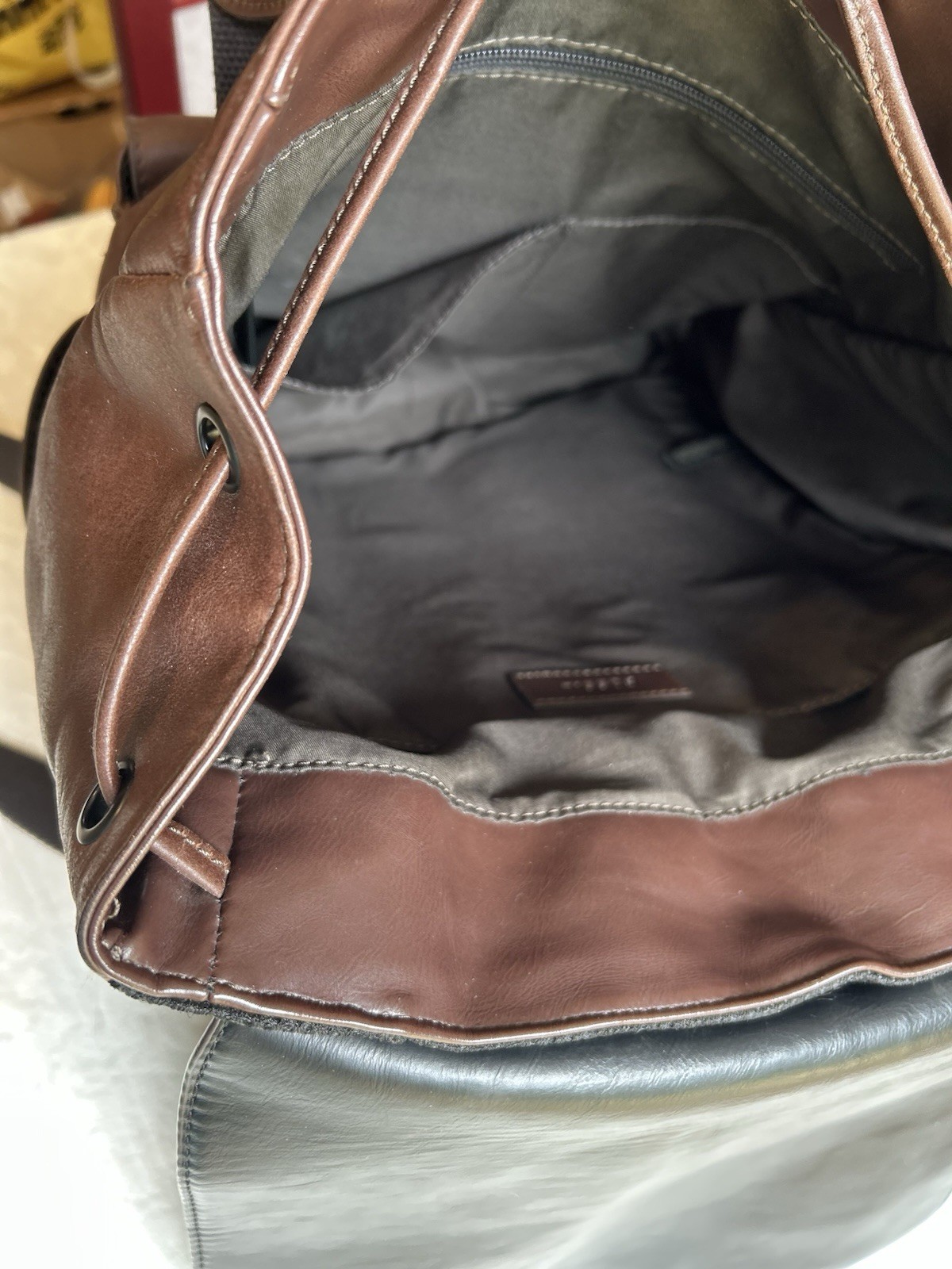 Fossil Brown Backpack Drawstring Flap Buckle Top Handle Outer Pockets Laptop