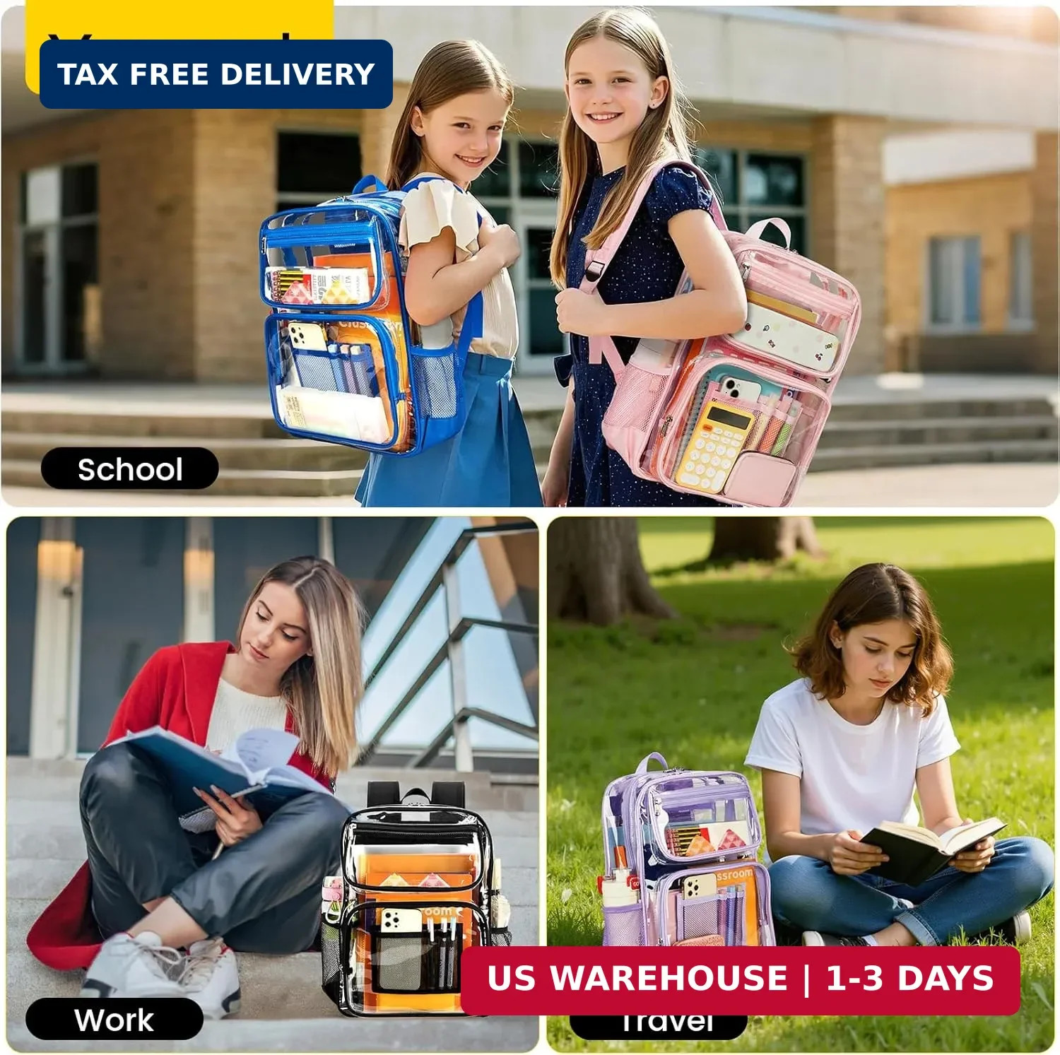 Vorspack Clear Backpack Heavy Duty – Large See Through Bookbag for Girls Boys, T