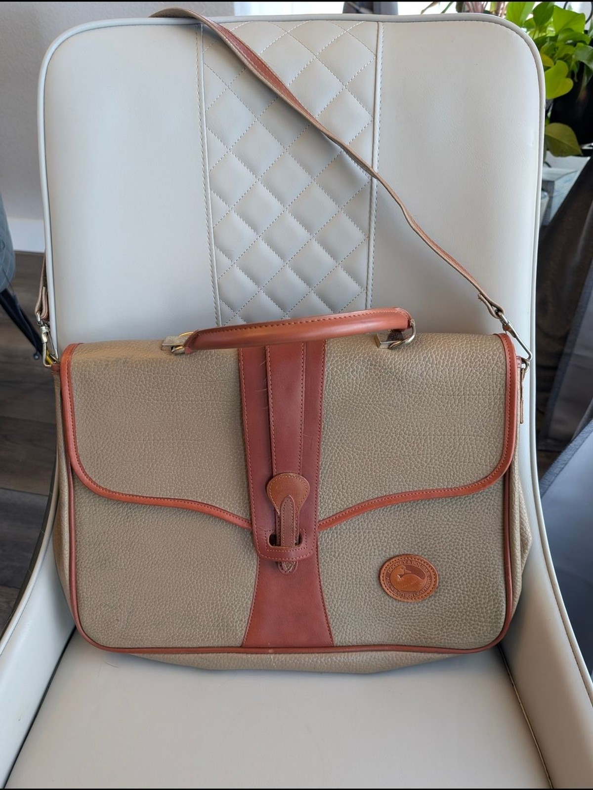 Vintage Dooney & Bourke Beige and Brown Leather-Trim Messenger Laptop Bag