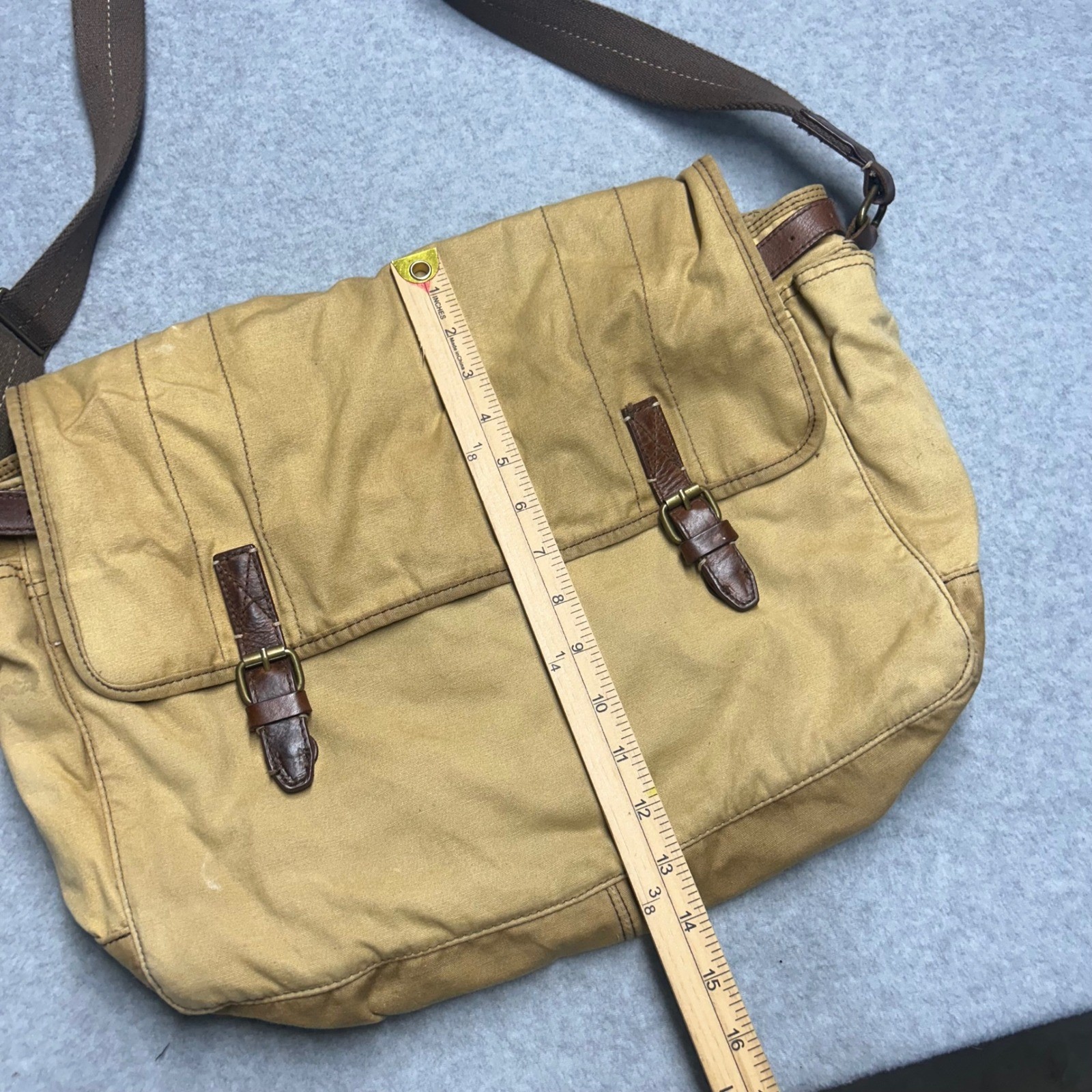 J.Crew Messenger Bag Tan Men OS Canvas Leather Trim Satchel Work Travel