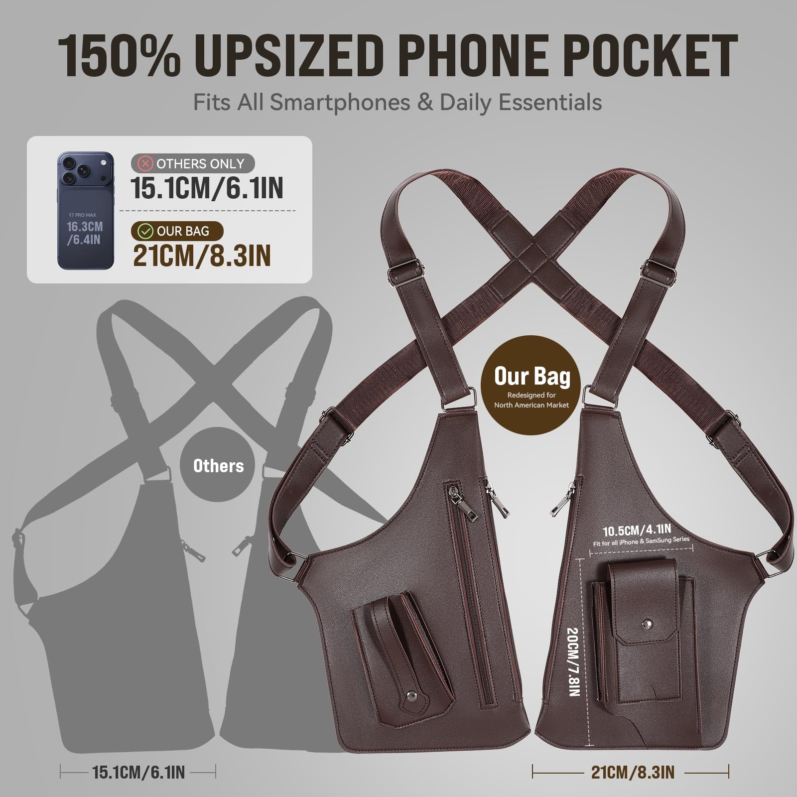 Large Double Shoulder Armpit Bag for Men 2026 Upgraded Large, Brown