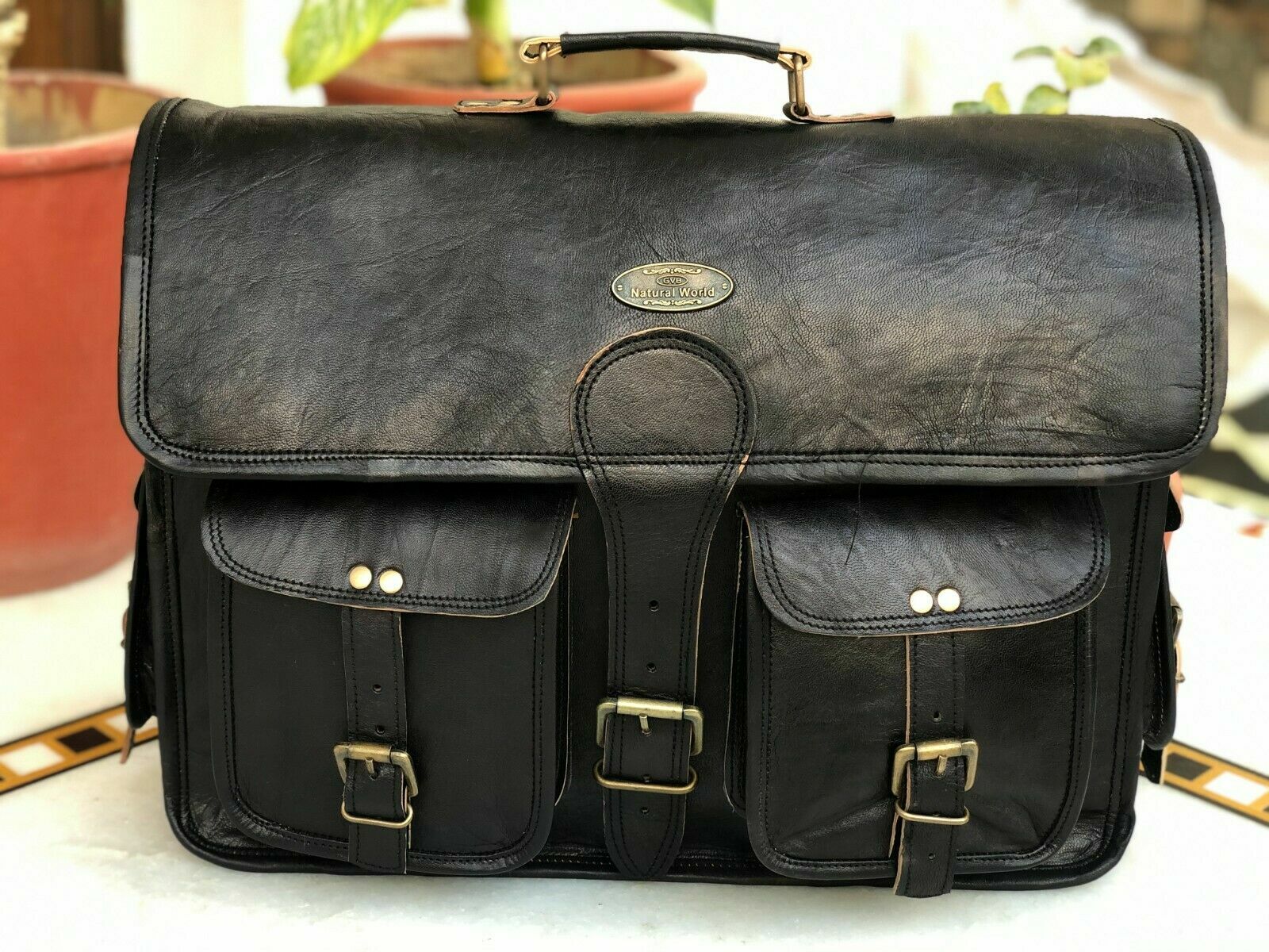 Messenger Shoulder Laptop Briefcase Travel Bag 18″ Men Black Leather Vintage