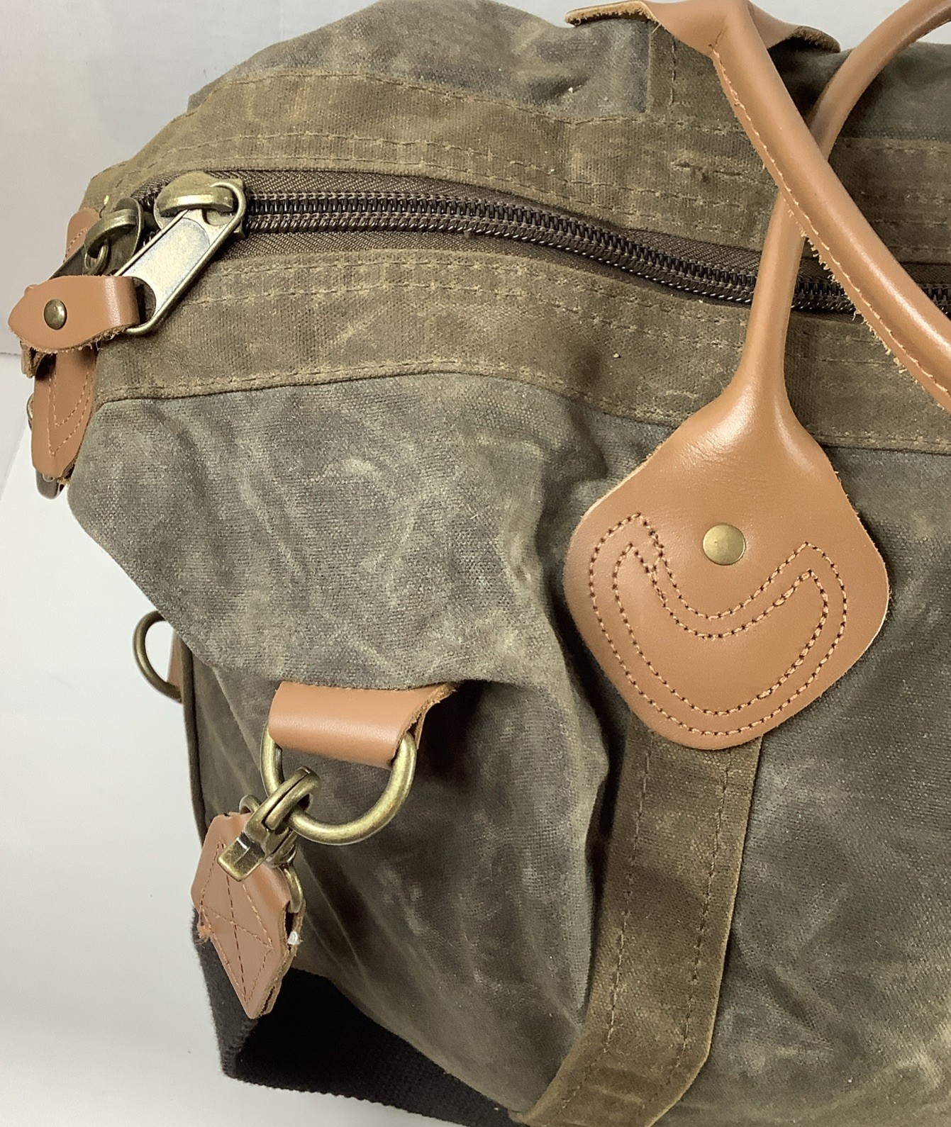 CB Station Waxed Canvas Duffle Bag Olive Green Leather Trim Travel 21”