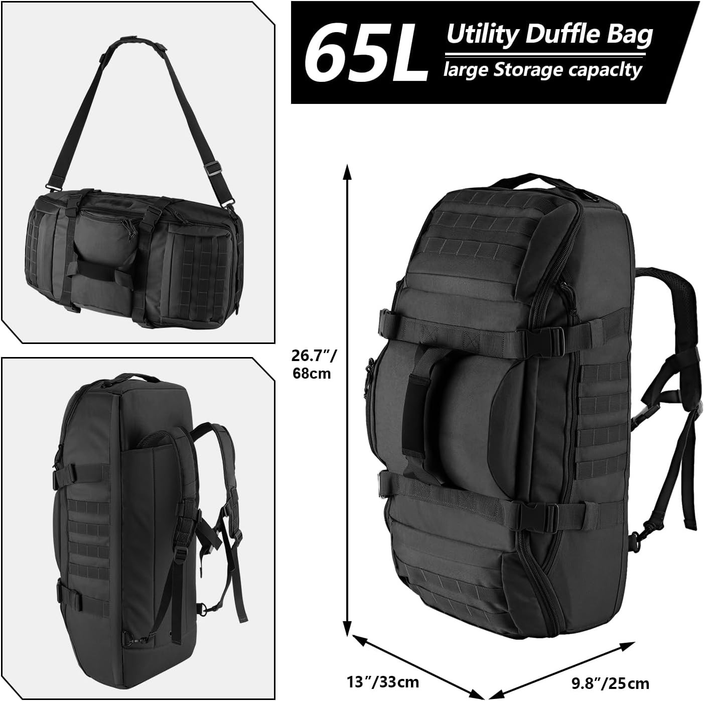 65L Large Duffle Bag, 3-in-1 Tactical Backpack MOLLE Pack for Sports, Gym, Outdo
