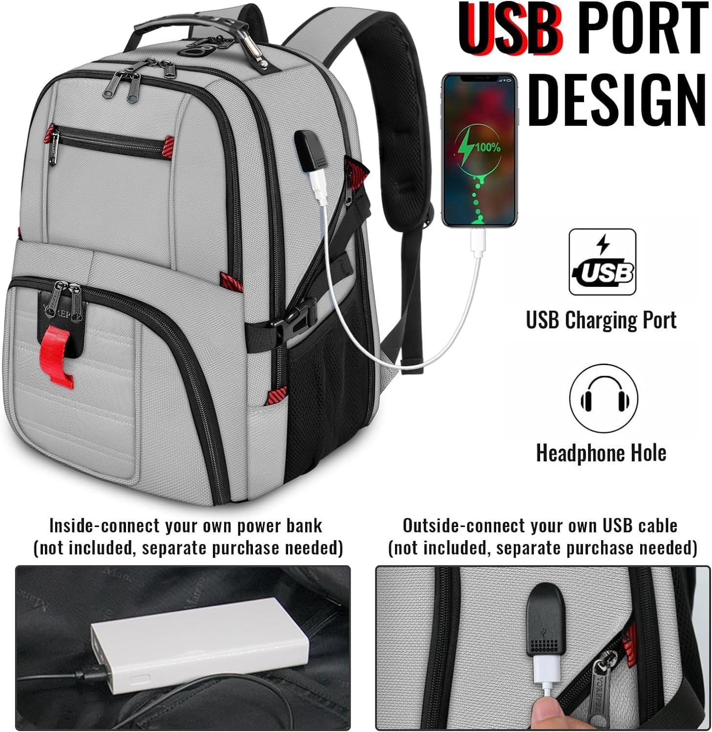 50L Extra Large Travel Backpack for 17-inch Laptops | Water Resistant & USB Port