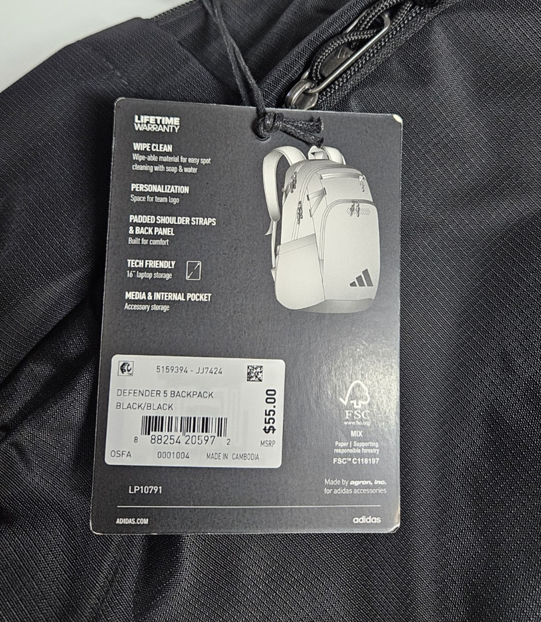 Adidas Black Defender 5 Backpack Laptop Gym School Bag New