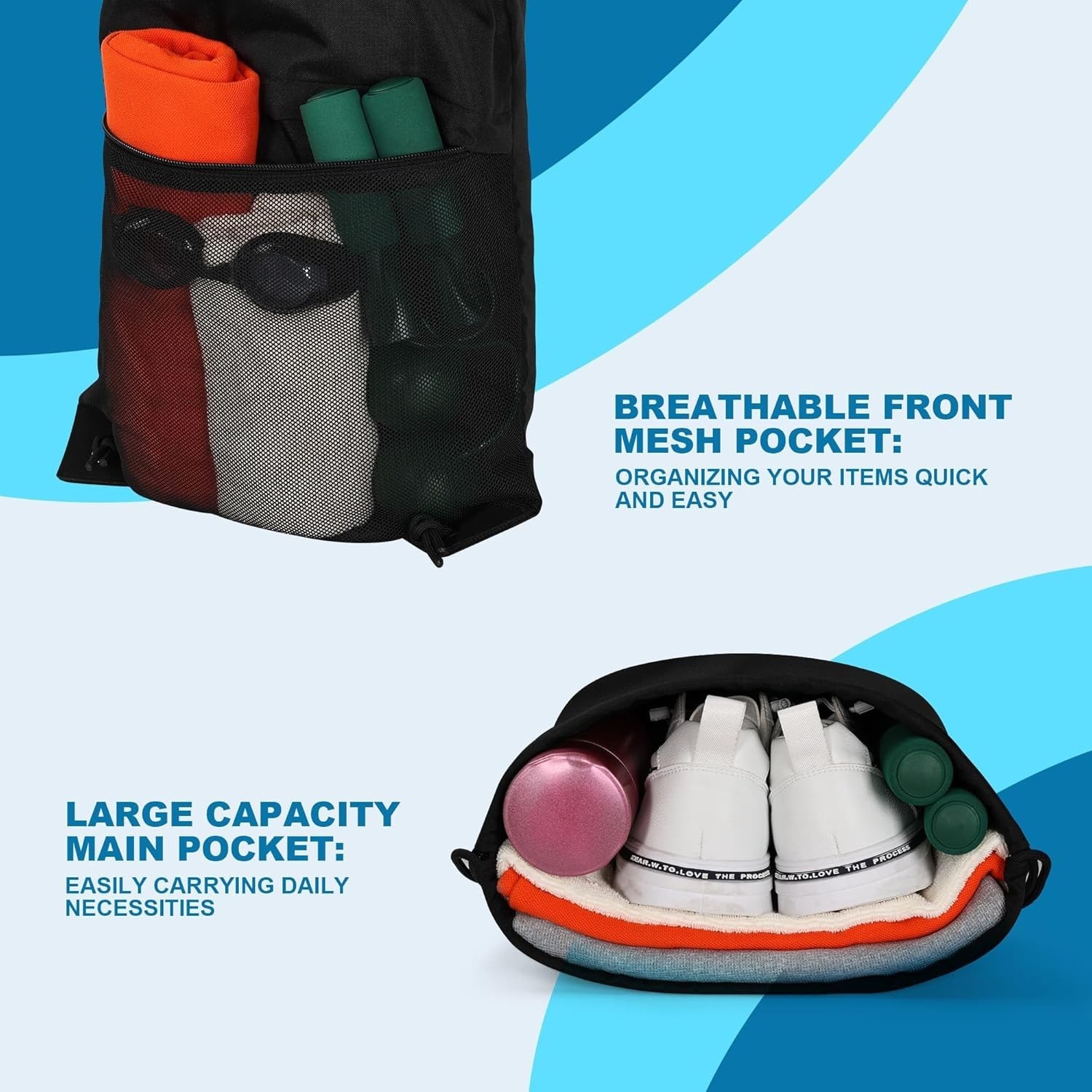 Drawstring Backpack Gym Bag – String Gym Bag for Men & Women, Lightweight Cinch