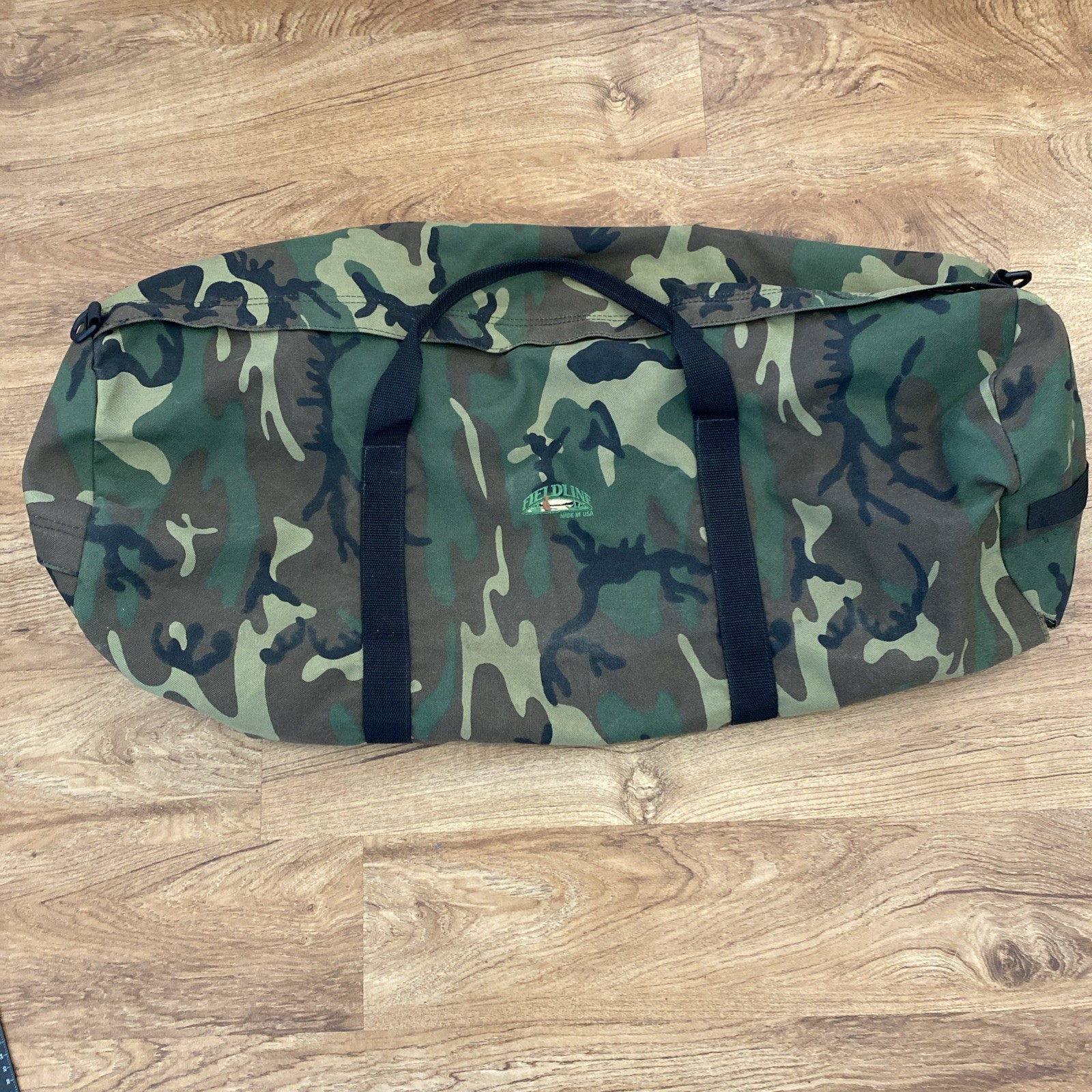 Fieldline Camo Duffle Bag Green, Brown, Black Camo 1 End Pocket 30×12 Small Hole