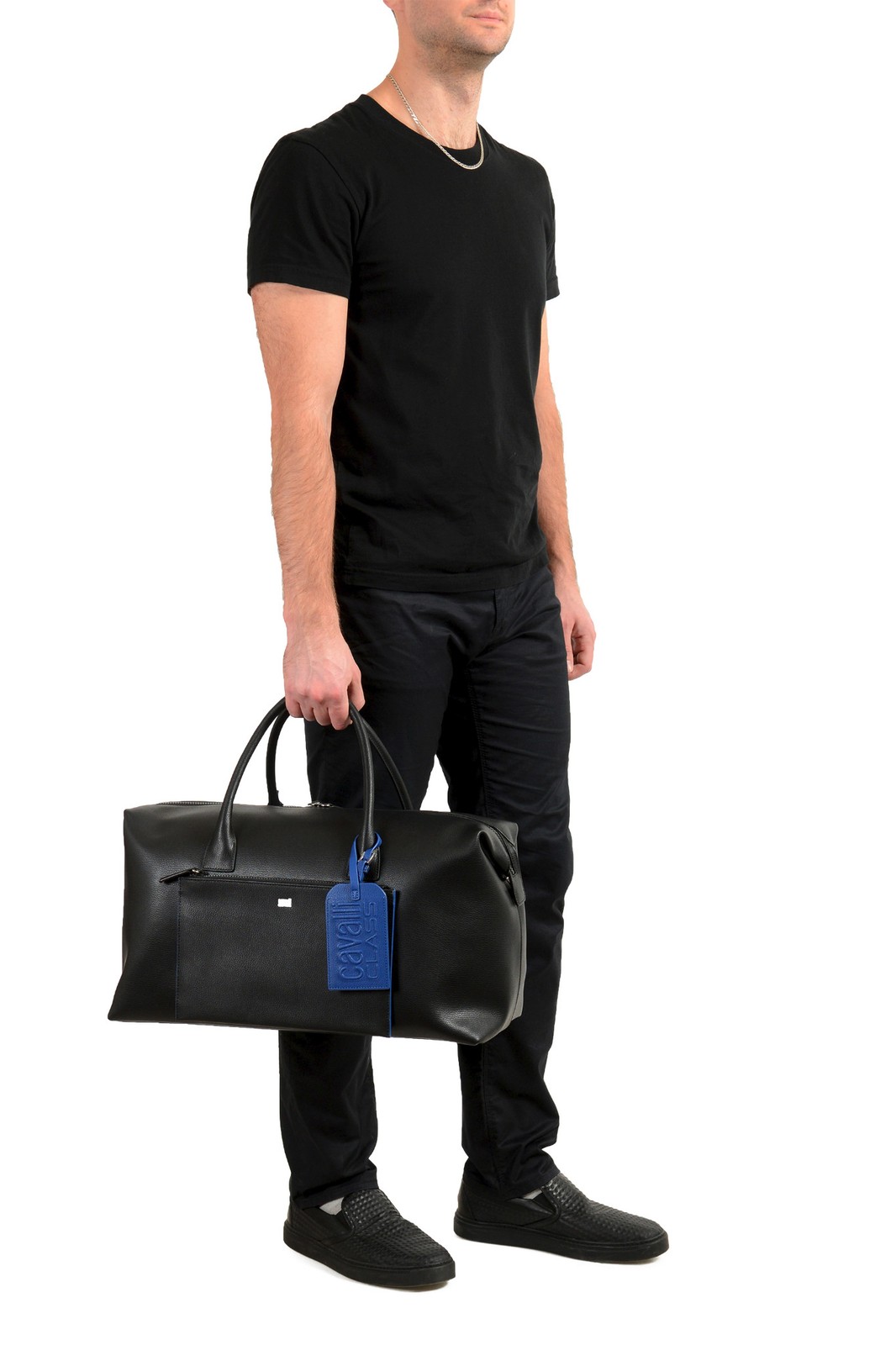 Cavalli Class Unisex Black Leather Duffel Travel Bag