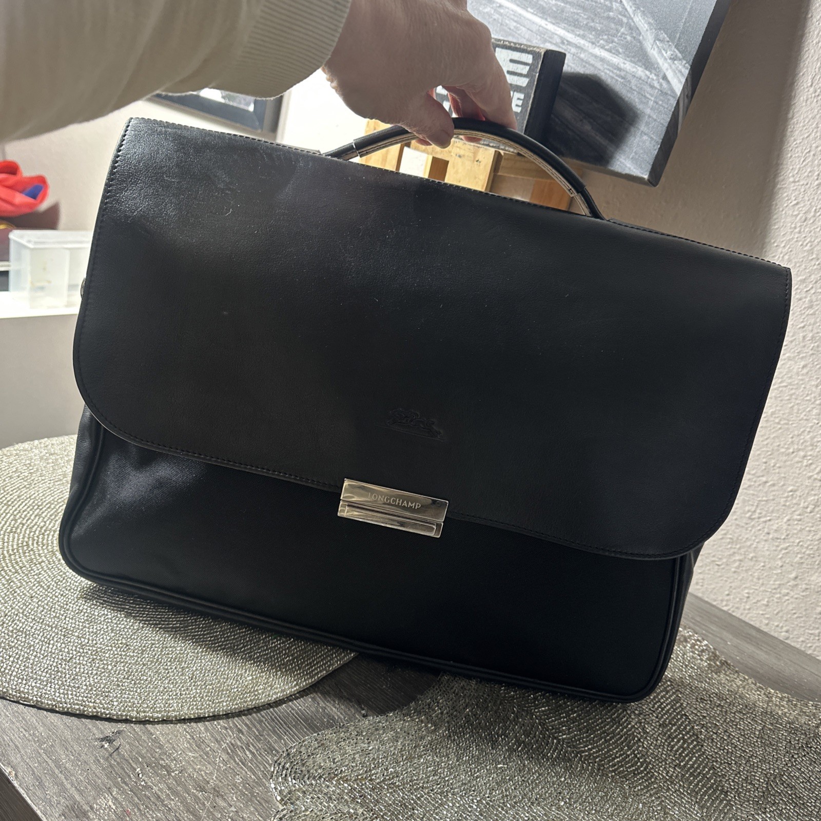 LongChamp Black Canvas LEATHER Push Lock Satchel Top Handle Briefcase PreOwned