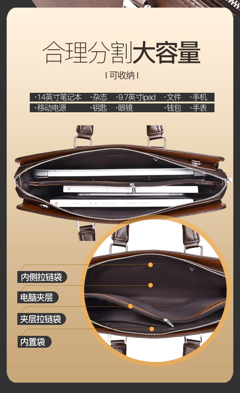 Business Wear-Resistant Leather Hand Briefcase Multi-Pocket Laptop Bag Notebook