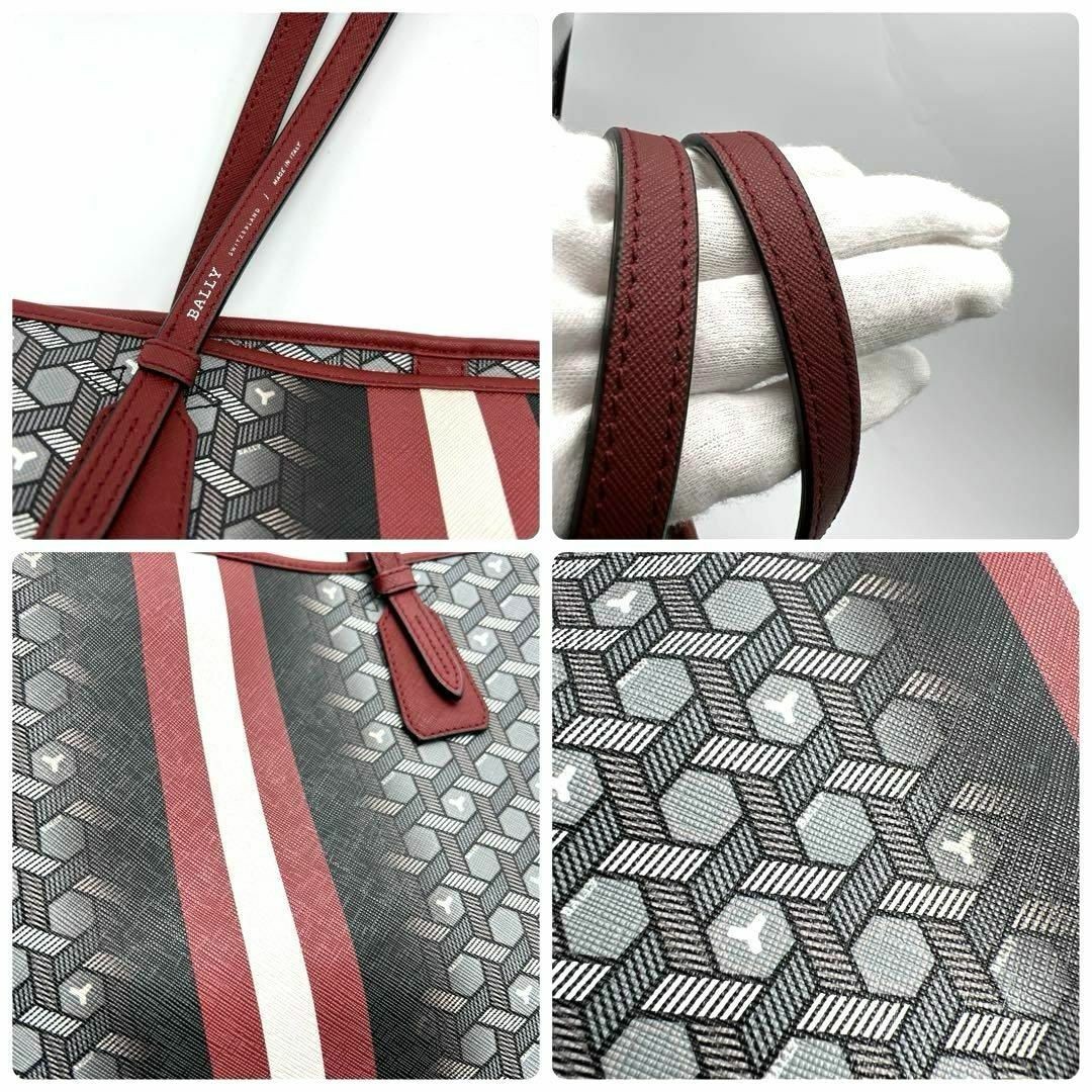 Bally Men’s Tote Shoulder Bag PVC Leather Gray Black Red Stripe 34x28x17cm