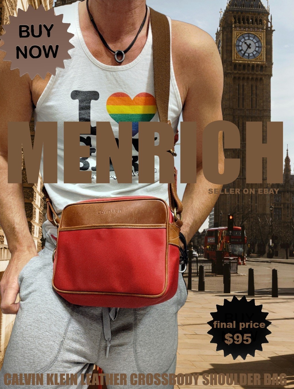 CALVIN KLEIN LEATHER PURSE MESSENGER CROSSBODY SHOULDER BAG. RED. VINTAGE 🌈 GAY