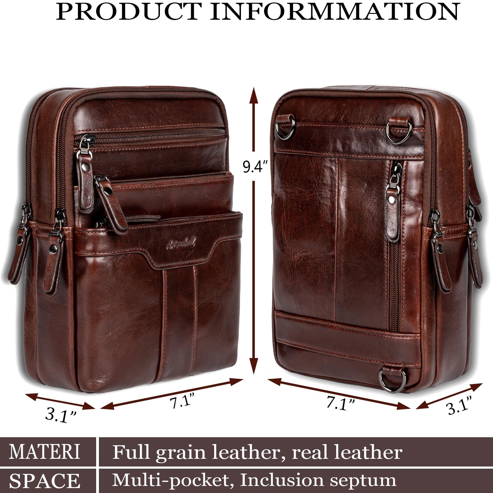 Leather Messenger Bag for Men, Small Leather Sling Shoulder Bag Messenger Pack