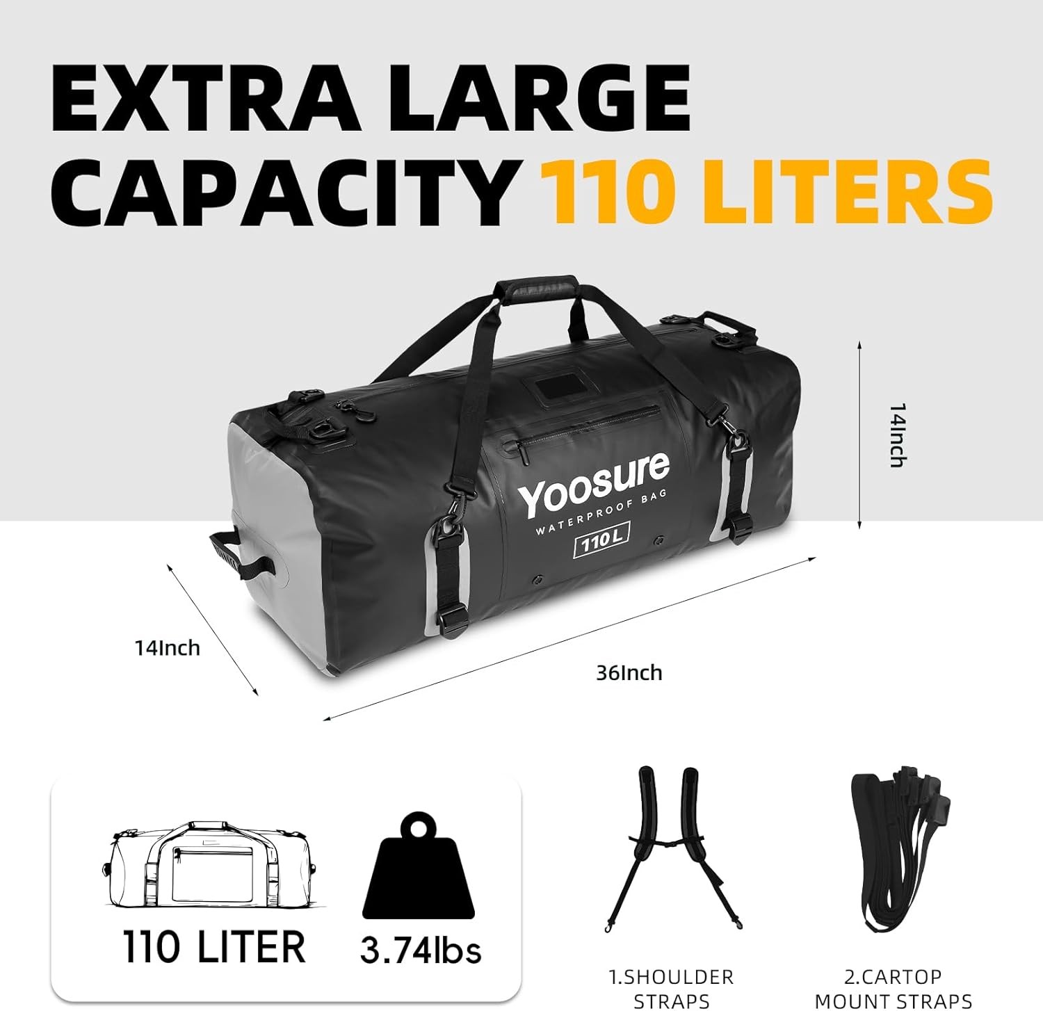 110L Waterproof Duffel Bag 35in Airtight Zipper Dry Bag