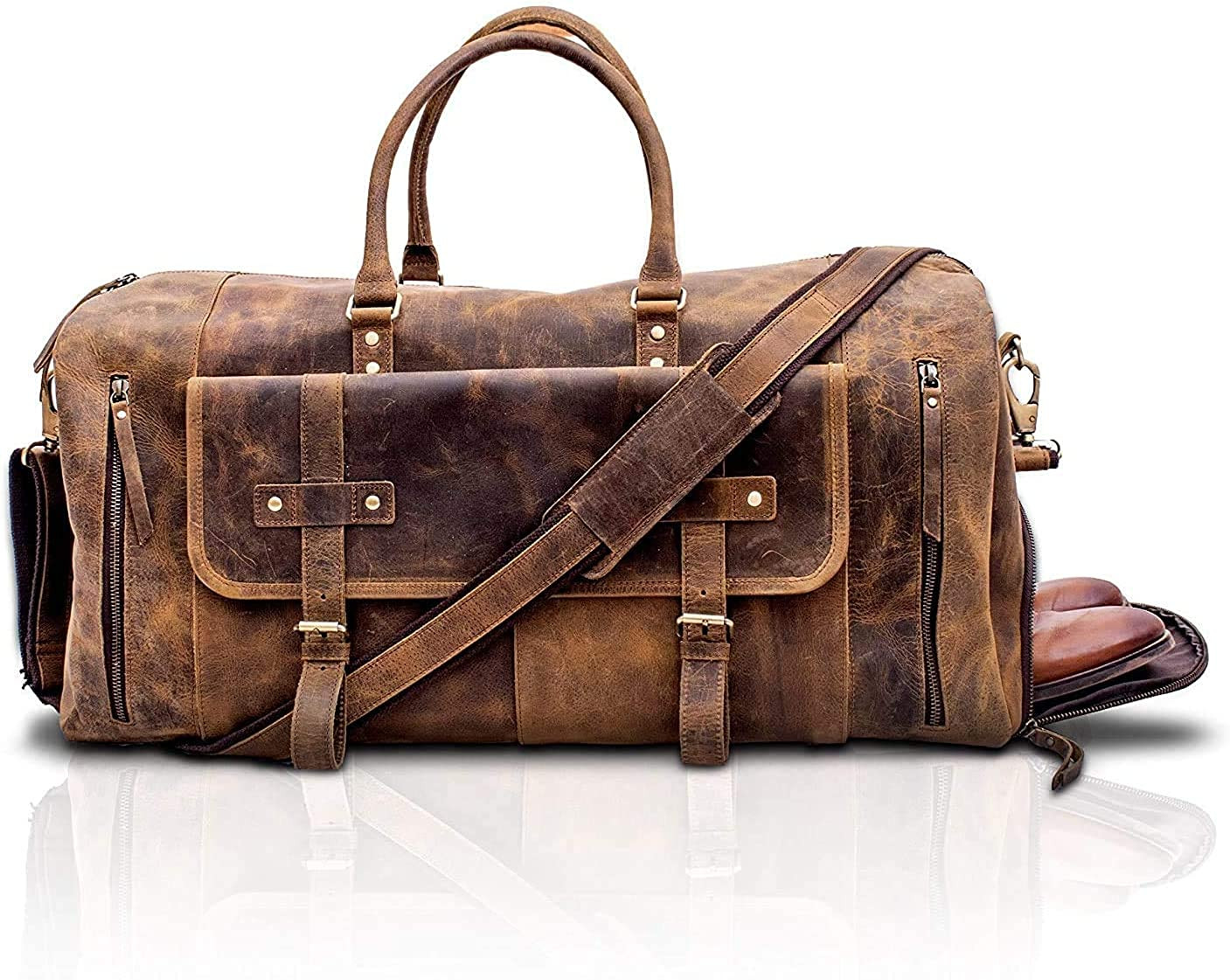 Komalc Leather Travel Duffel Bags for Men and Women Full Grain Leather Overnight