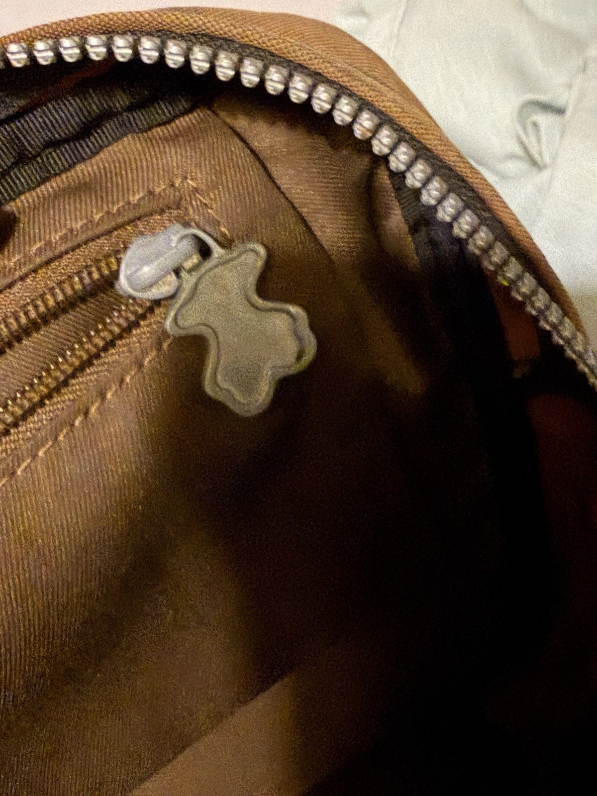 TOUS Bear Motif Brown Shoulder Bag Adjustable Strap Inner Outer Pockets Abstract