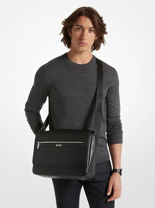 Michael Kors Men’s Malon Leather Magnetic Messenger Bag, Black, One Size