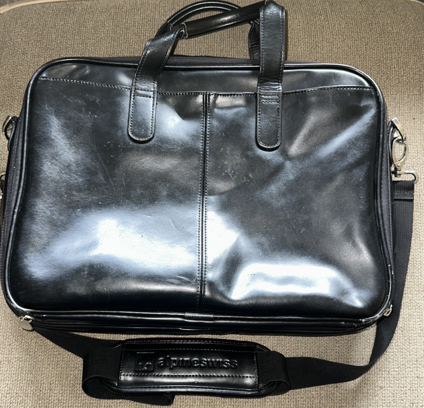 Alpine Swiss Leather Laptop Briefcase Messenger Bag Black Shoulder Bag Work Bag