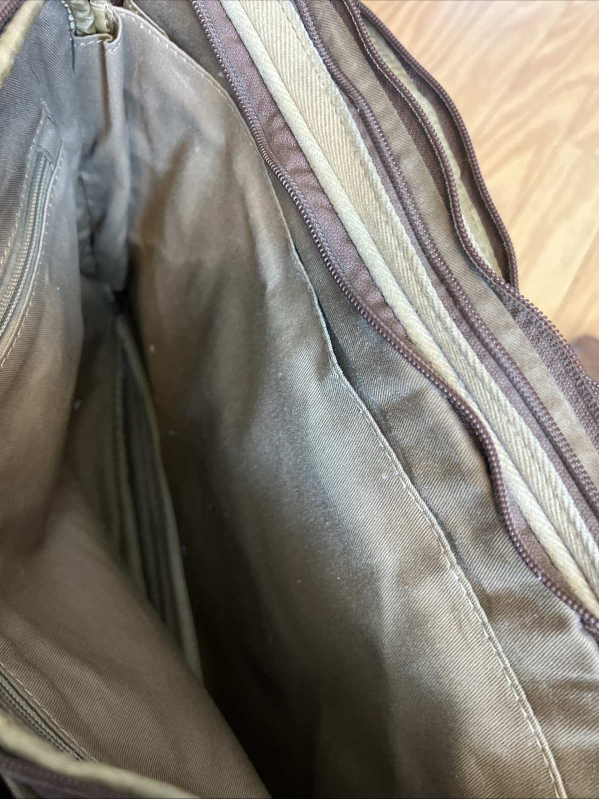 LL Bean Canvas Messenger Crossbody Bag Push Lock Leather Trim Tan Brown