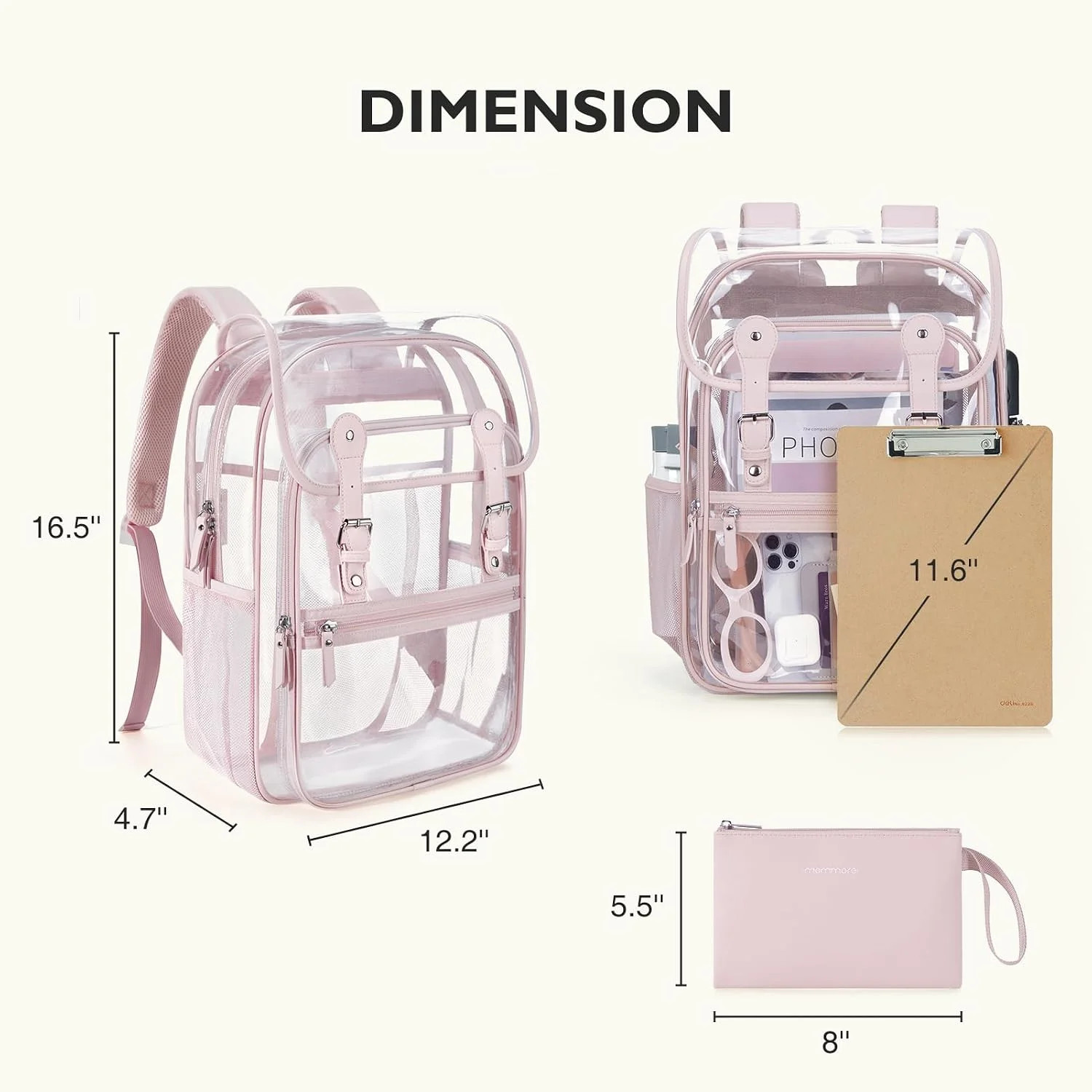 Clear Backpack Heavy Duty Thick PVC Clear Bookbag for School, Pencil Bag, Pink