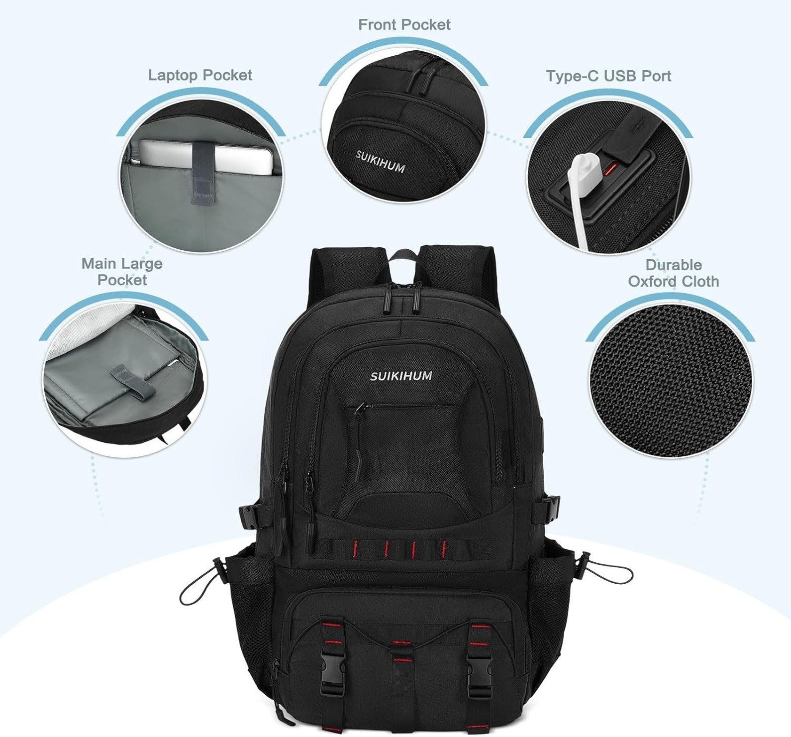 35L Hiking Backpack Waterproof Travel Daypack USB-C Laptop Camping- Black NEW