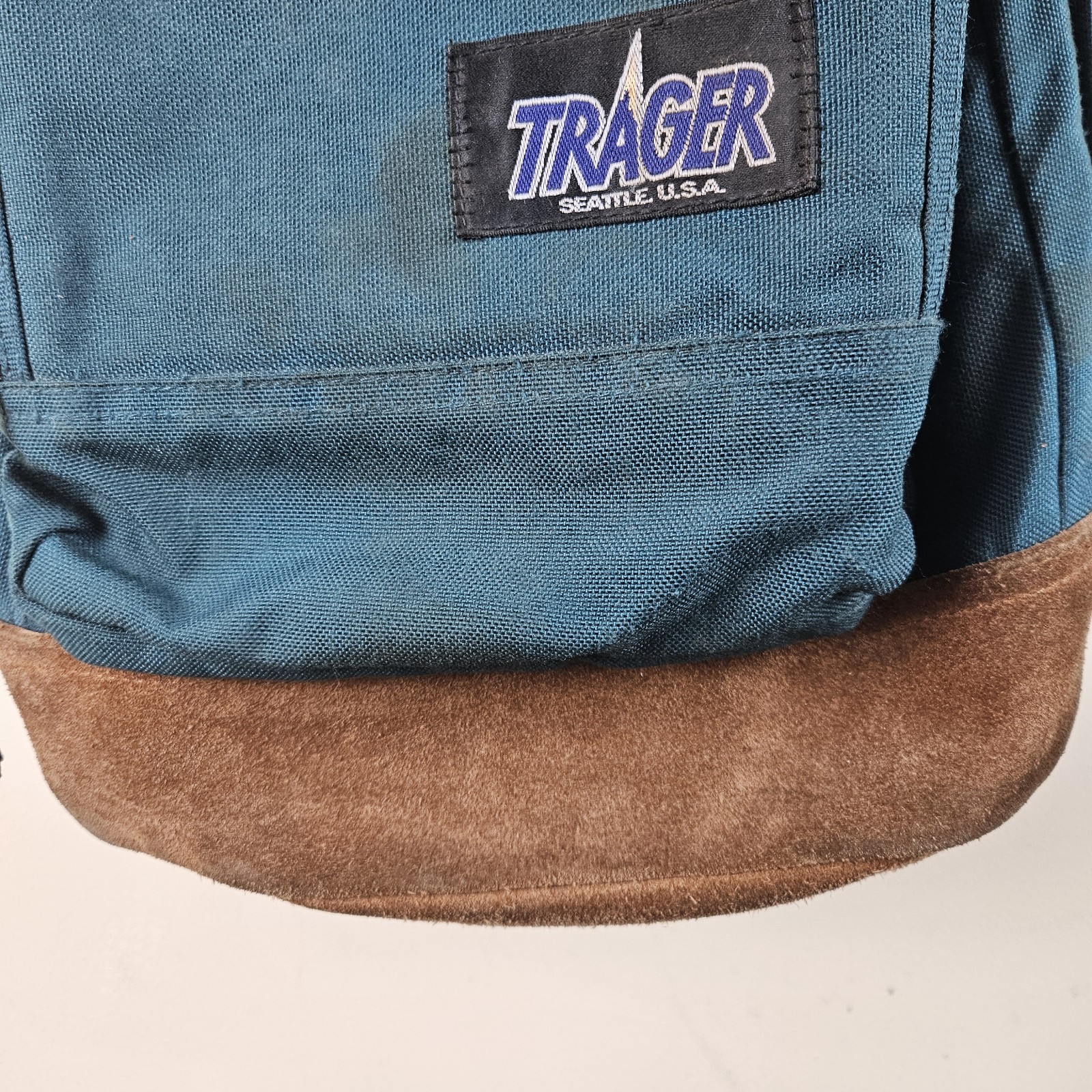 Vintage Trager Seattle Backpack Green Made In USA Outdoors Leather Bottom READ