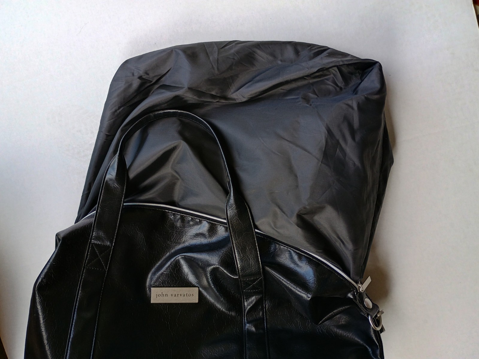 John Varvatos Faux Leather Duffle Large Tote Shoulder Weekend Bag GUC Black