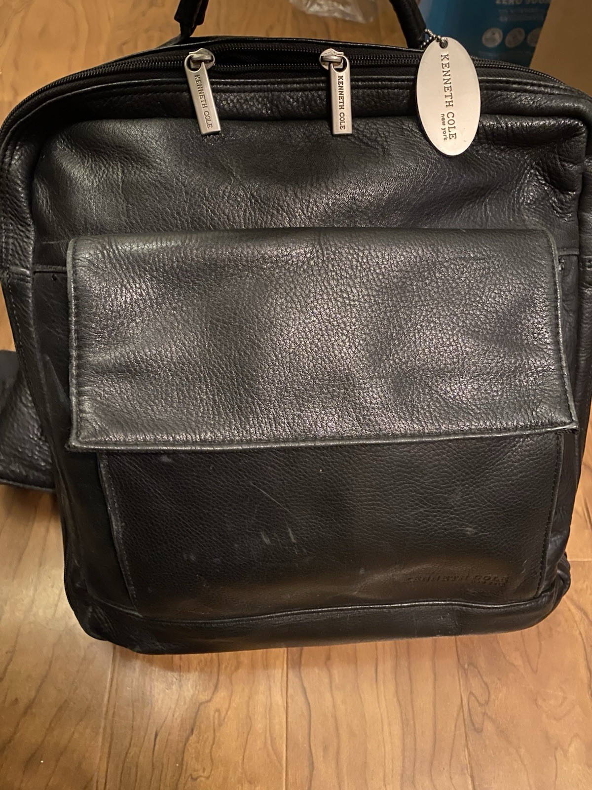 Kenneth Cole NY Black Soft Leather Zip Closure w Flap front pocket Backpack EUC