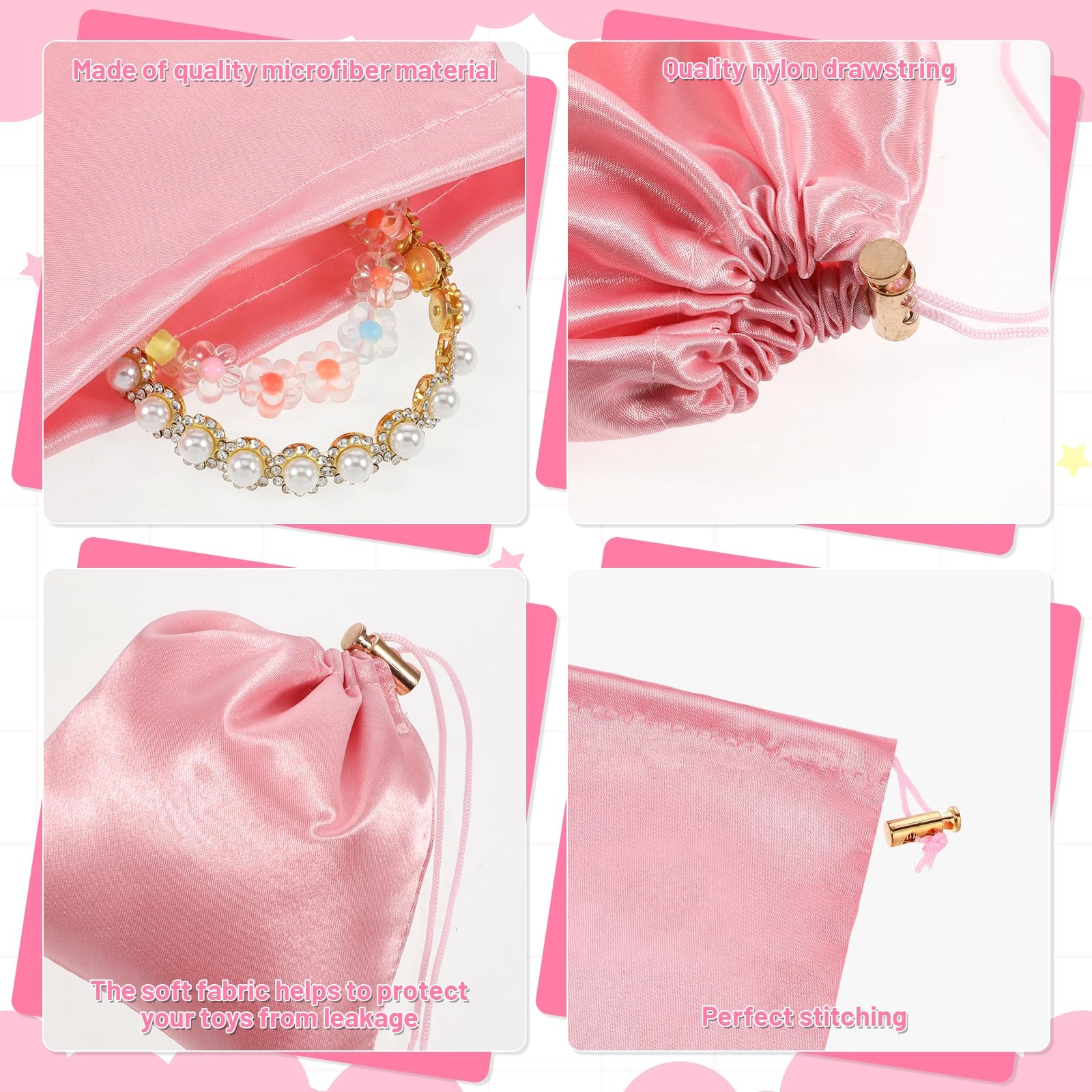 Toy Storage Bags, 6 Pcs Quality Satin Silk Drawstring Pouch Black Purple Pink