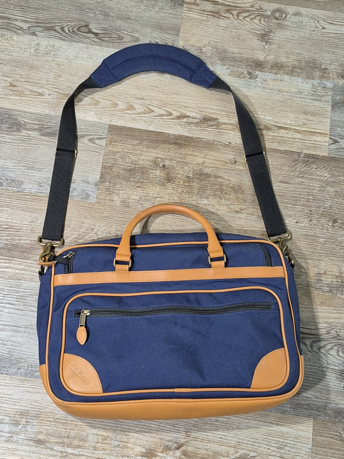 LL Bean Leather Blue Padded Canvas Laptop Traveler Carry-on Bag 17″