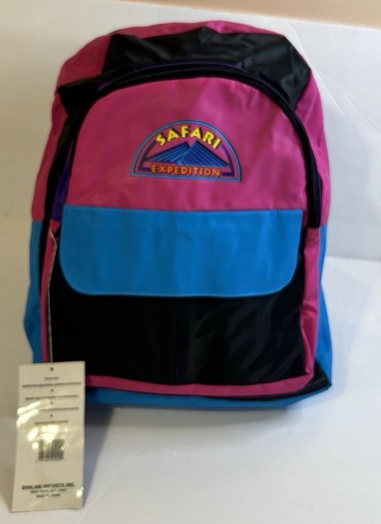 Vintage Safari Expedition Backpack Neon Pink Blue Retro 80s 90s Style School Bag