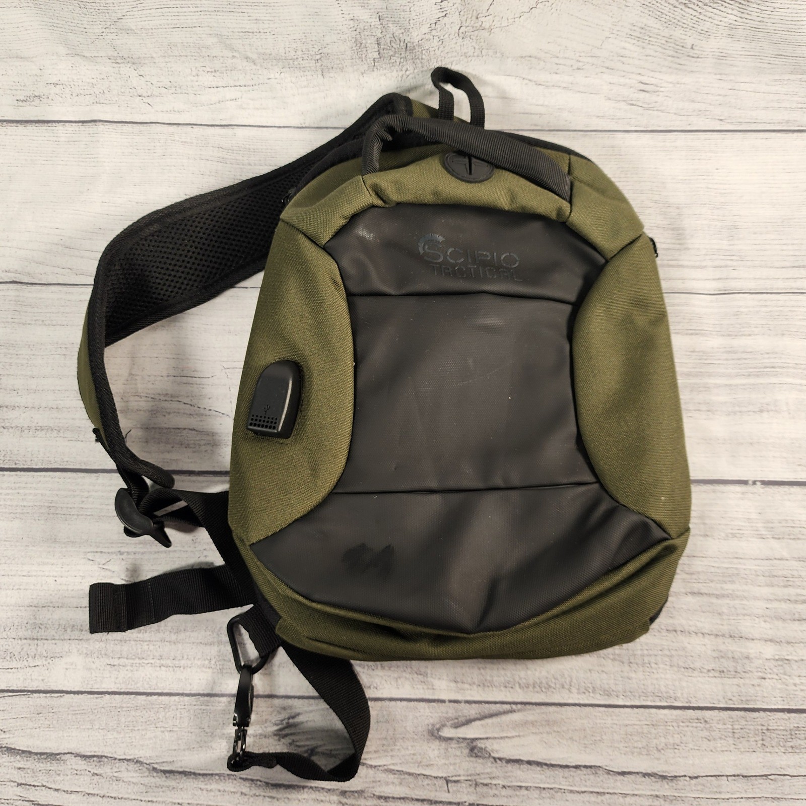 Scipio Tactical Sling Bag Olive Green Black USB Charging Port Crossbody Pack
