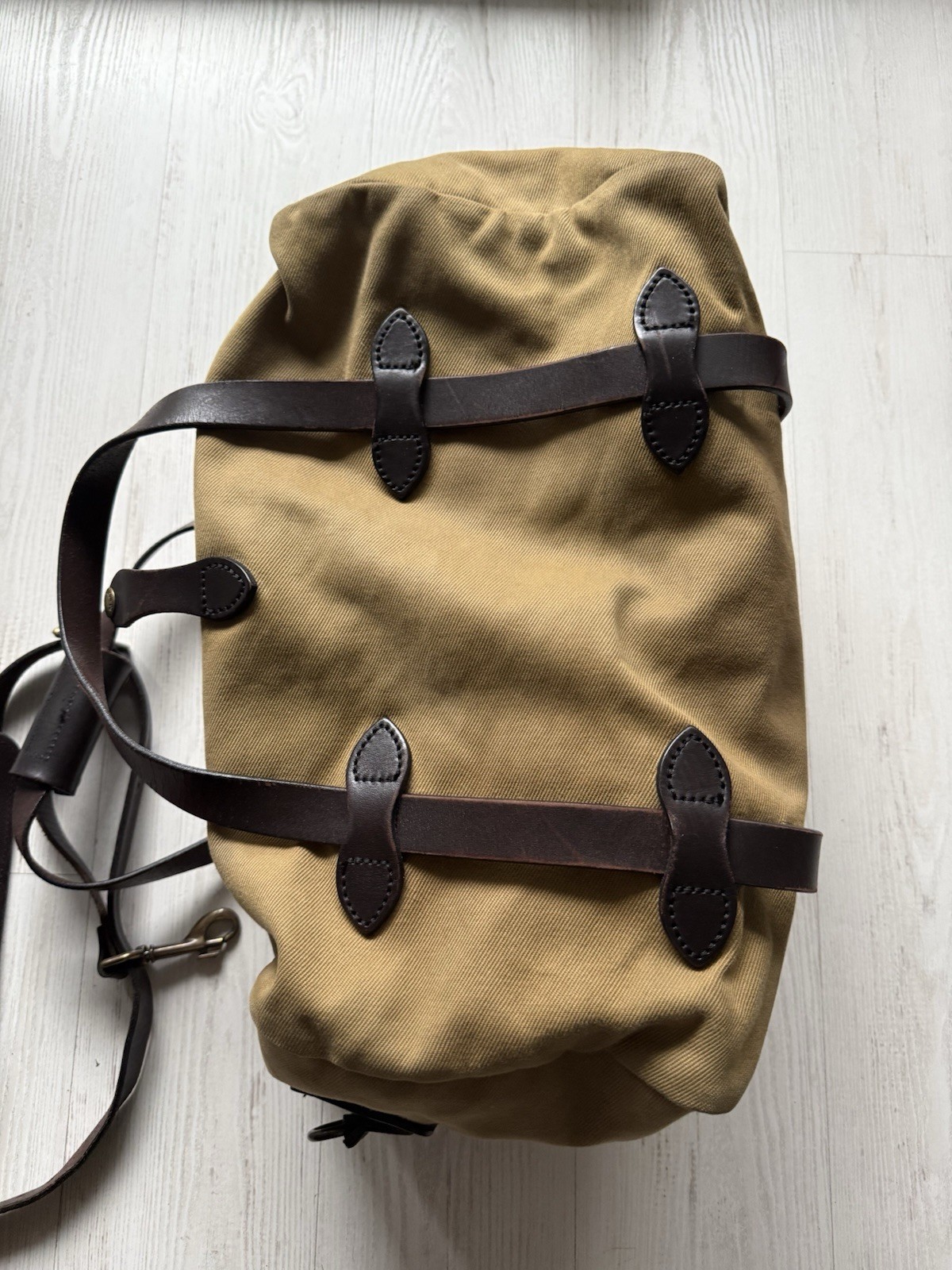 Filson Small Duffle Bag Tan 22oz Rugged Twill Bridle Leather Made in USA 70220