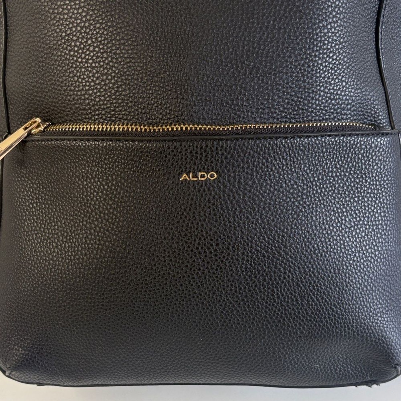 ALDO Black Pebbled Faux Leather Backpack Gold Zipper Minimalist Bag