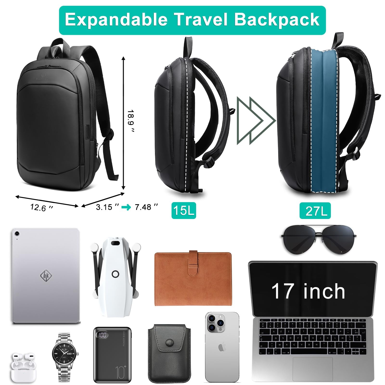 Business Backpack for Men 17 Inch,Slim & Expandable Waterproof Travel Laptop …