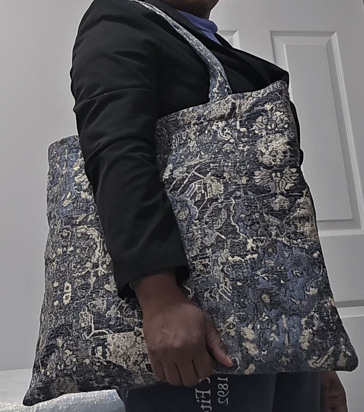 Blue Beige Floral Large Tote Bag for Men Casual Shoulder Strap