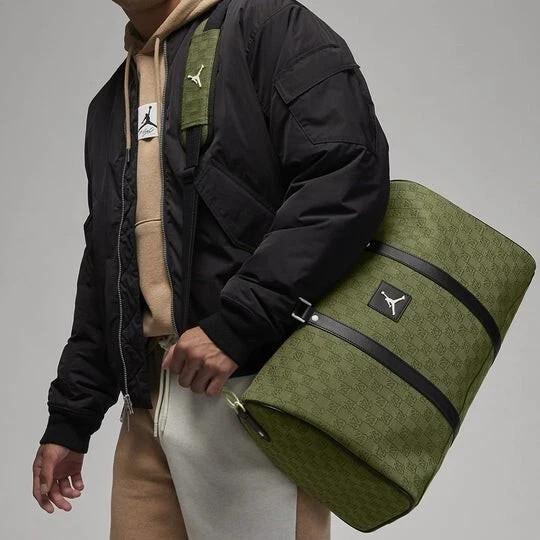Air Jordan Monogram Logo Jacquard Duffle 25L Luxury Travel Bag Light Olive