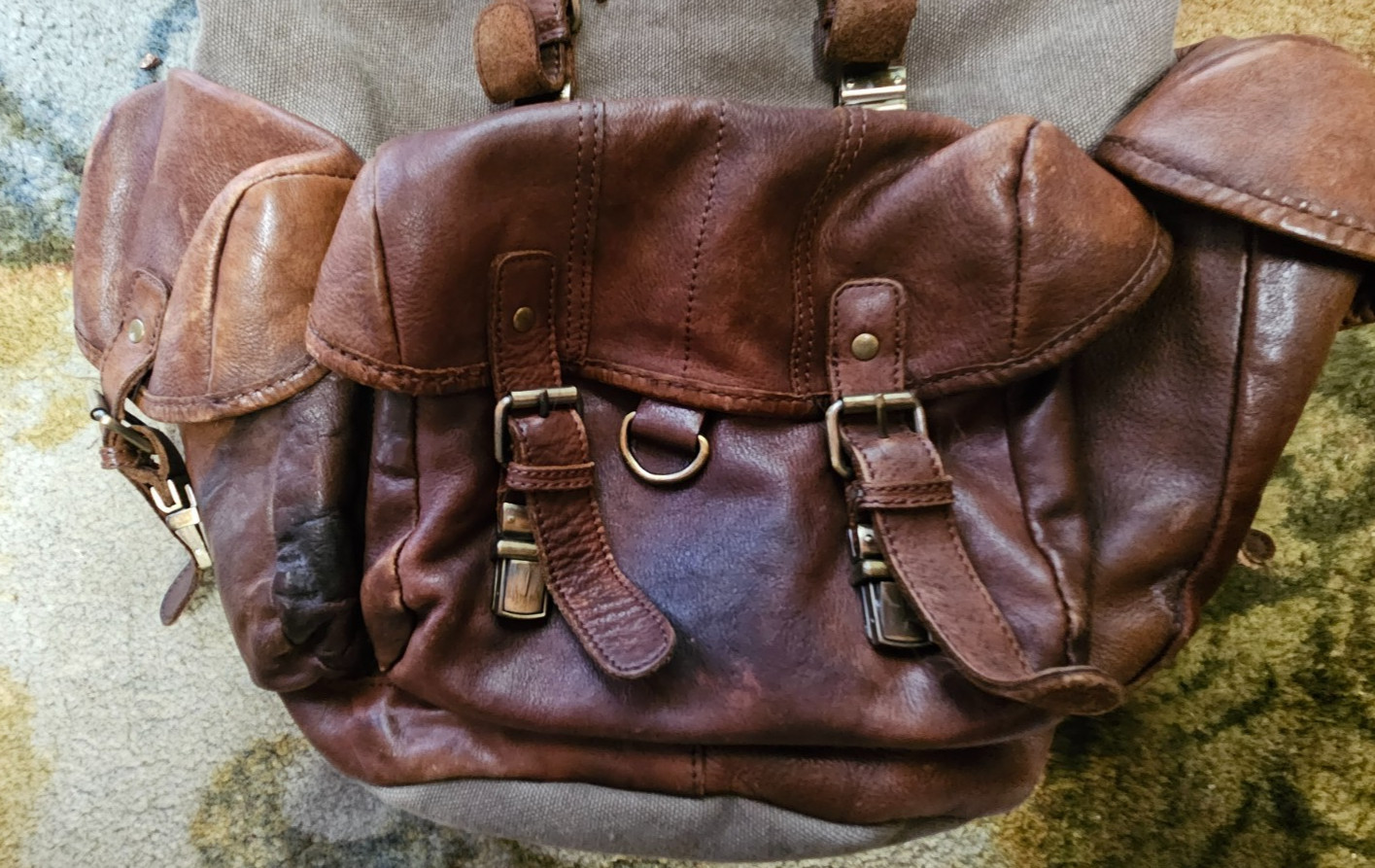 Vintage Distressed Brown Leather & Green Canvas Large Heavy Duty Backpack