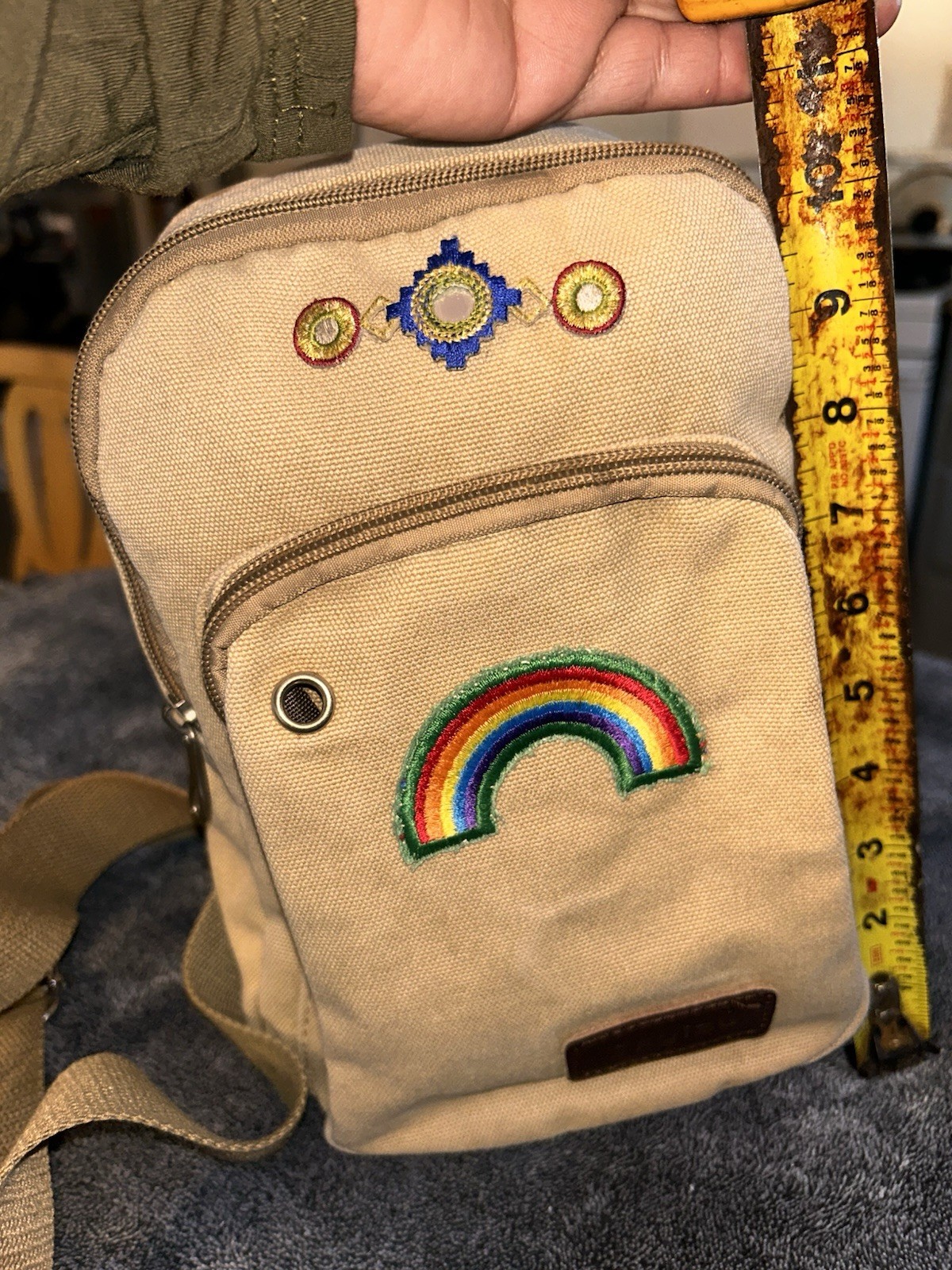 Beige Small Crossbody Bag Rainbow Patch Zip Closure Adjustable Strap Pockets