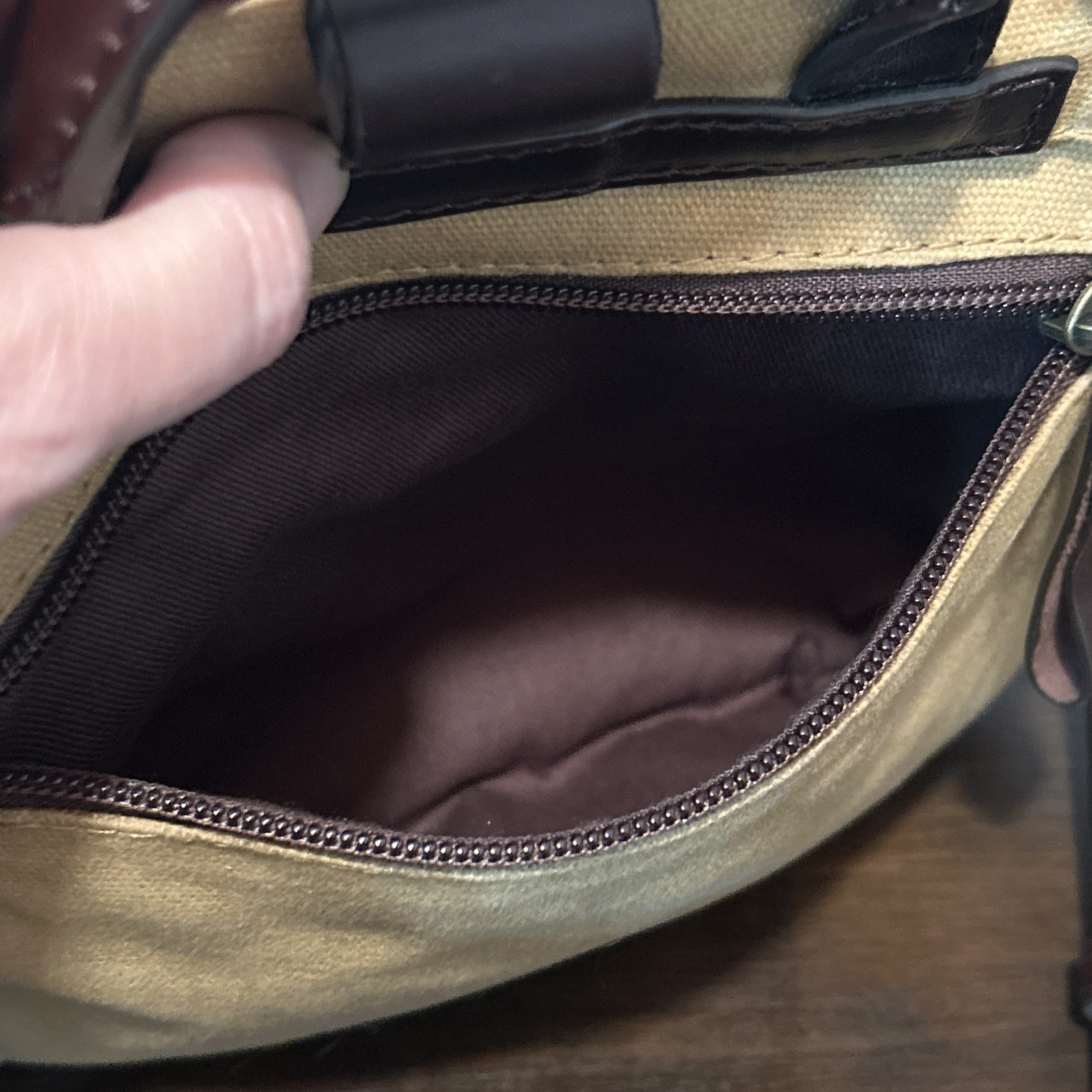 DULUTH TRADING Co Messenger Bag Brown Tan Canvas Leather Trim Satchel Purse