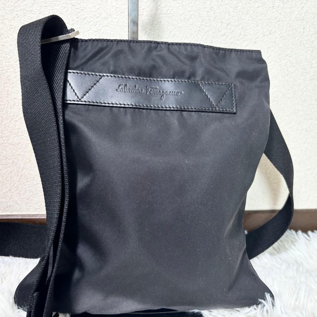 Salvatore Ferragamo Shoulder Crossbody Bag Purse Nylon Black USED Good Condition
